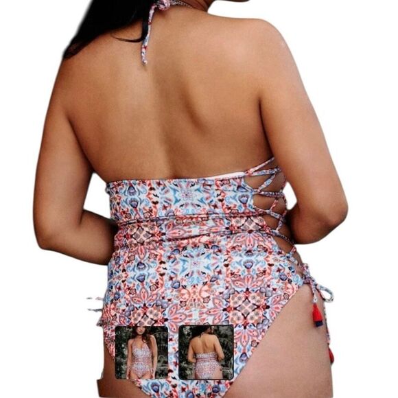 JMP the Label Negril Swimsuit Paisley Crinkle Side Ties Blue Orange 3XL NWT - Picture 2 of 9